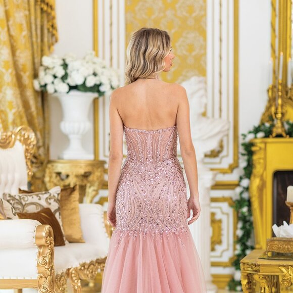 New Strapless Sequins Embellihsed Prom Dress w/ Deep V-Neck & Leg Slit DQ 4468 - Picture 4 of 9